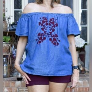 Francesca’s Denim Embroidered Off the Shoulder Boho Top